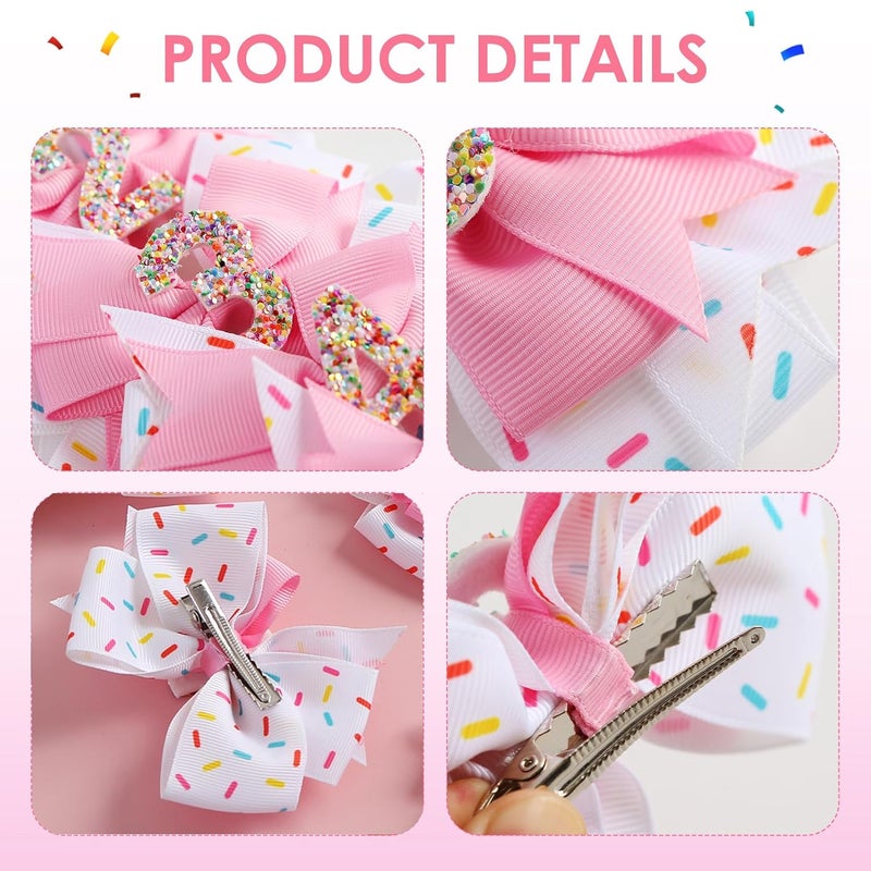 Fancheer 2Pcs Birthday Hair Bow for Baby Girls 2 3 4 5 6 7 Years Sprinkle Decorations Confetti Ice Cream Party Pink Pigtail Hair Accessories for Two 2nd Second Birthday - Image 3